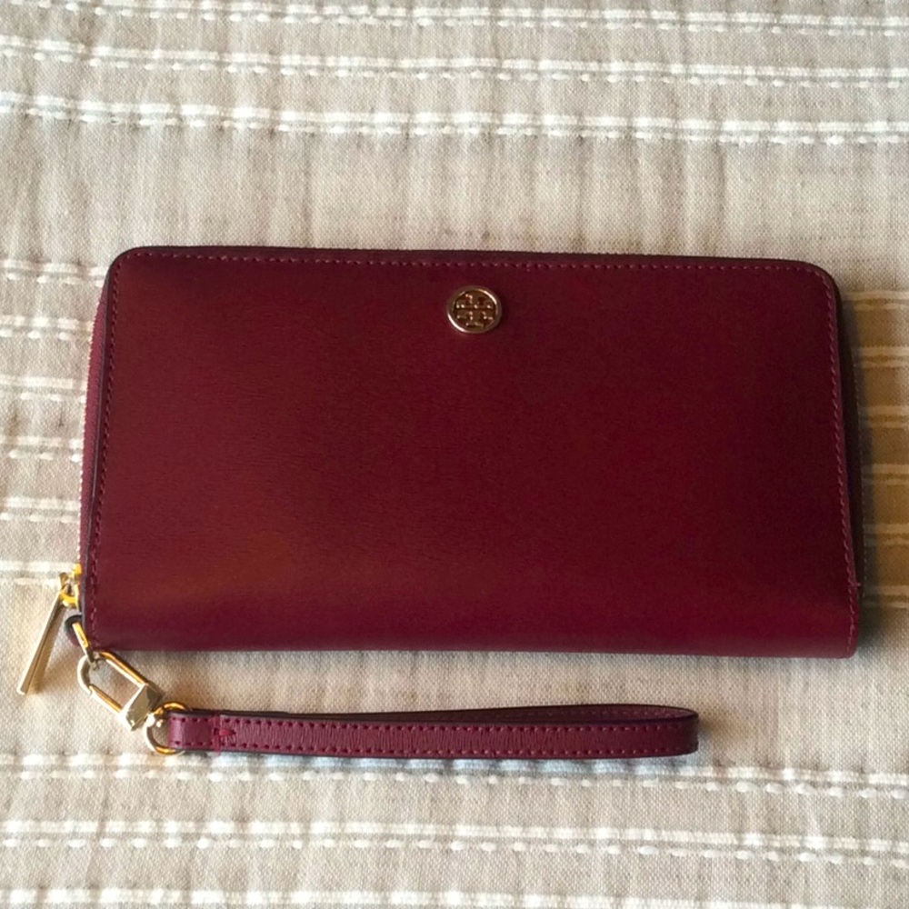 Burgundy Zip-around Travel Wallet with Wrist Strap